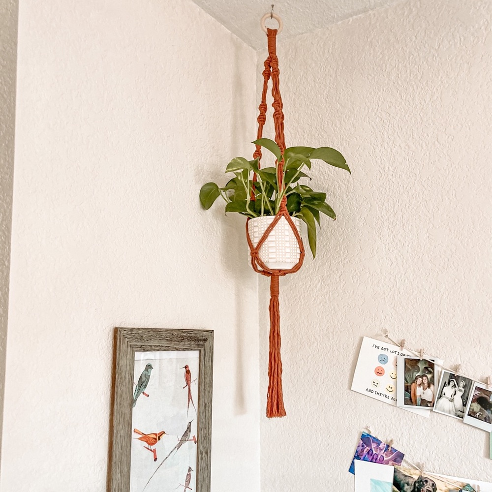 Copper colored macrame plant hanger